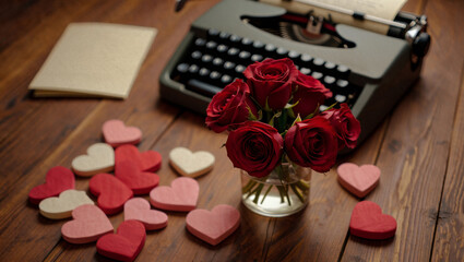 Vintage typewriter sitting with a bouquet of red roses, wooden hearts, and blank paper, evoking concepts of love, romance, nostalgia, and valentine's day