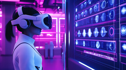 A futuristic setting where virtual reality screening tests are being performed, with a person wearing a VR headset and a digital display showing test results in real-time