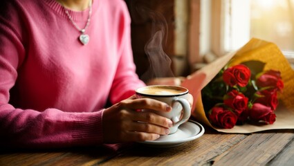 Woman holding a warm steaming latte with heart latte art at a rustic wooden table beside a bouquet of red roses, cozy cafe setting evoking romance and intimate celebration