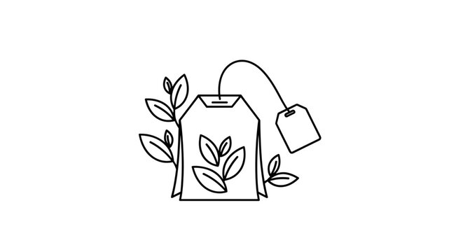 Tea bag with leaves line icon for organic tea branding and minimalist packaging design