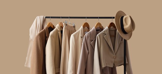 Rack with stylish clothes and hat on beige background