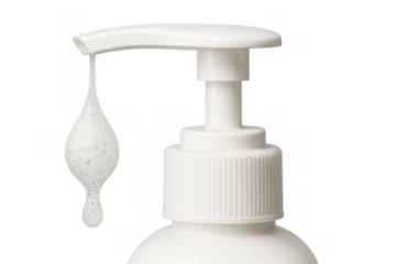 Dispensing white soap foam dripping from a pump bottle, showing hygiene, cleanliness, and skincare routine on transparent background