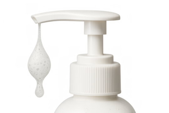 Dispensing white soap foam dripping from a pump bottle, showing hygiene, cleanliness, and skincare routine on transparent background