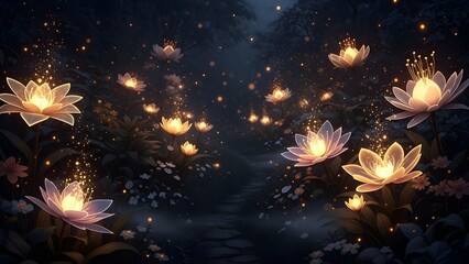 Luminous glowing flowers in a dark dreamy garden, bioluminescent edges, magical warm particles, high contrast floral fantasy.