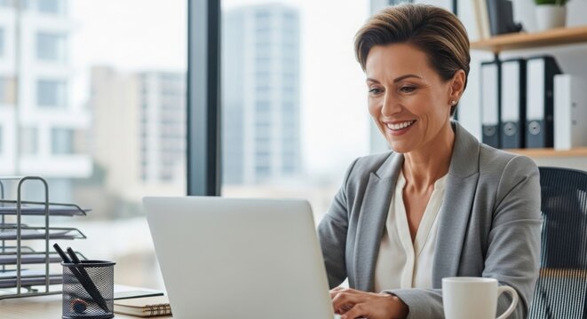 Woman smiling while working on a laptop at her desk