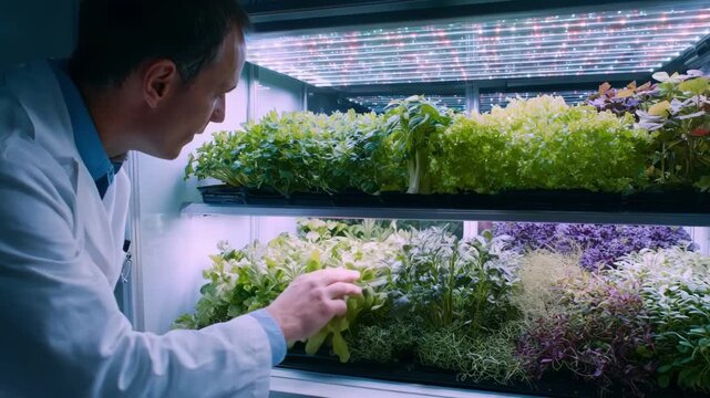Medium shot of scientist adjusting LED spectrum settings on growth chamber customizing light wavelengths for optimal plant development in laboratory environment.