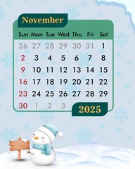 November calendar with snow theme