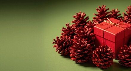 Red Christmas gift box with pine cones on a green background. Festive holiday decoration with copy space for text