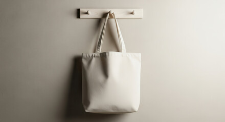 Minimalist white tote bag hanging on a modern wall hook