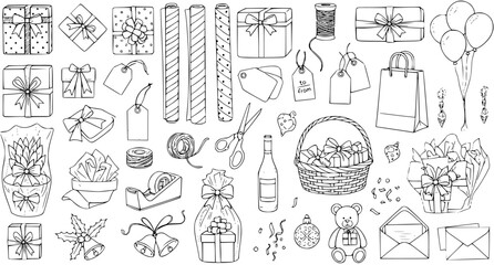 Hand-drawn sketch collection of festive gift wrapping and celebration elements. Includes gift boxes, bows, wrapping paper, tags, balloons, scissors, and holiday decorations.