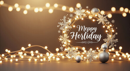 Glowing holiday wreath with silver snowflakes and christmas ornaments. Festive winter celebration background with bokeh lights and copy space