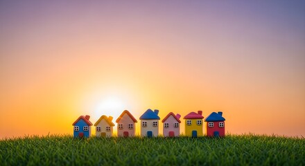 Colorful Houses Stand on a Verdant Hill with Warm Sunset, Symbolizing Community and Sustainable Living