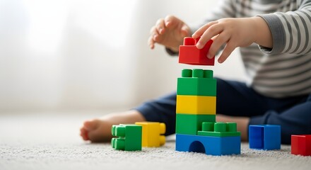 Child Builds Colorful Tower With Toy Blocks On Floor In a Light and Bright Playroom