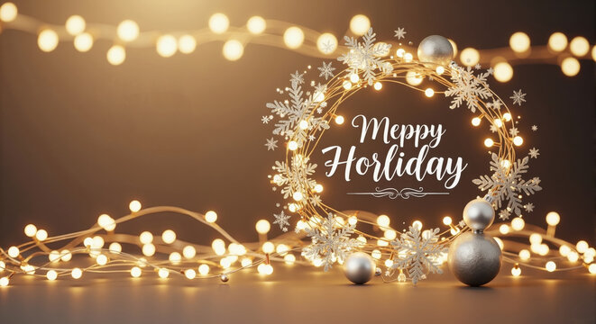 Glowing holiday wreath with silver snowflakes and christmas ornaments. Festive winter celebration background with bokeh lights and copy space