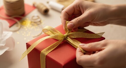 Hands tying a gold ribbon bow on a red gift box. Holiday gift wrapping for a special occasion. Preparing a present for Christmas or a birthday