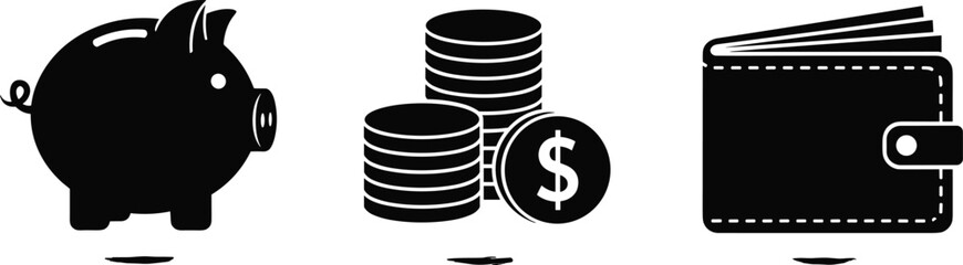 Finance icons set, piggy bank silhouette, stack of dollar coins, leather wallet vector, money savings symbol, banking investment collection.