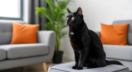 Elegant Black Cat Perched Gracefully on Ottoman in Modern Living Room Setting