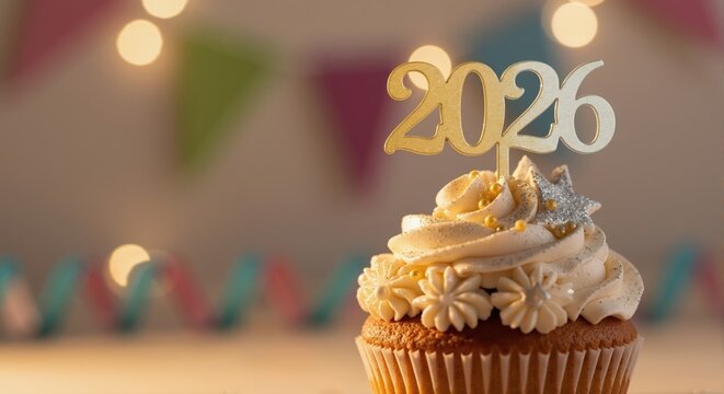 Happy New Year 2026 celebration cupcake. Festive dessert with gold topper and glitter on a party background with bokeh lights and copy space - Powered by Adobe