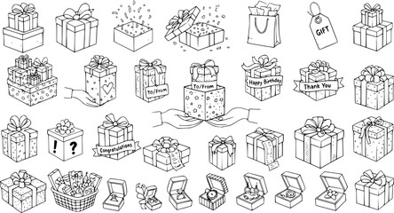 Hand-Drawn Gift Box and Present Icons Set. Doodle Line Art Sketch Collection for Holidays, Celebrations, Birthdays, Thank You, Congratulations, and Special Occasions.