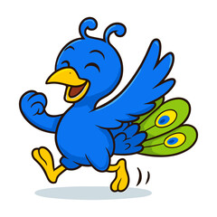 Happy cartoon peacock mascot running with joy