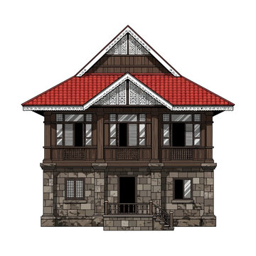 Detailed illustration of a traditional filipino bahay na bato house design