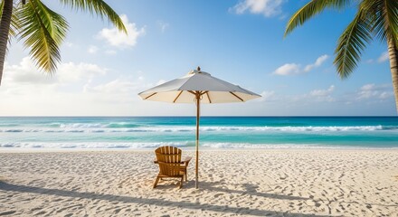Fototapeta premium Beach Bliss Tranquil Seaside Escape with Palm Trees, Chair, and Parasol Under the Sun