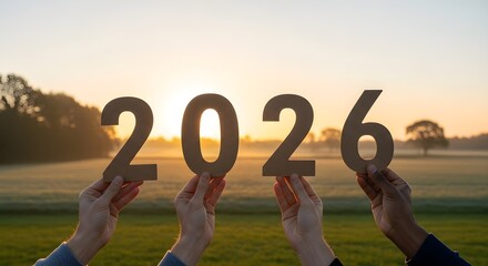 Celebrating the Year 2026 Hands Holding Cutout Numbers Against a Sunrise Backdrop