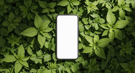 top-view smartphone mockup with blank screen, placed on a bed of fresh green leaves