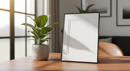 mockup of a picture frame on a wooden desk, next to a small potted green plant