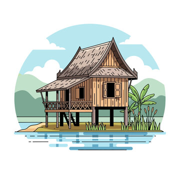 Stylized floating stilt house design with tropical background vector art