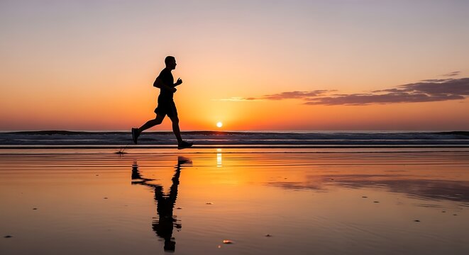 Silhouette of a man running on the beach at a vibrant golden sunset with a beautiful reflection in the water.