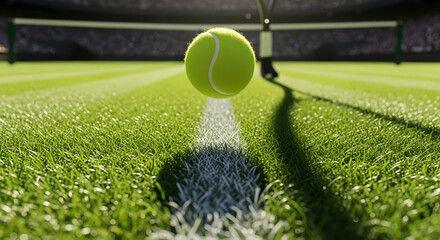 Tennis ball hovers above the line on a vibrant green court ready for a competitive match to begin.