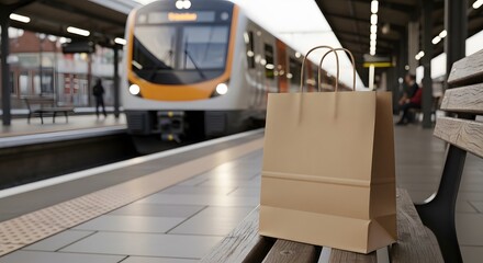 mockup of a paper shopping bag placed on a train station platform bench, arriving train in background.