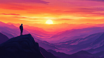 A silhouette of a person standing on a mountaintop, looking at a stunning sunrise over the vast, rolling landscapes of Earth, with the sky painted in hues of orange, pink, and purple