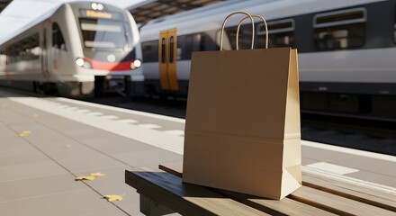 mockup of a paper shopping bag placed on a train station platform bench, arriving train in background.