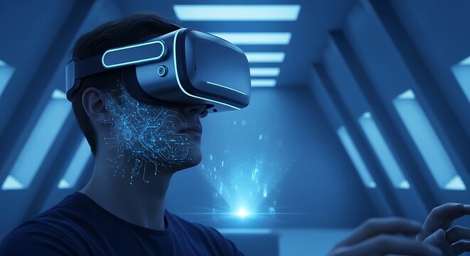 Man in VR Headset with Digital Circuitry Overlay Immersed in Futuristic Virtual Reality