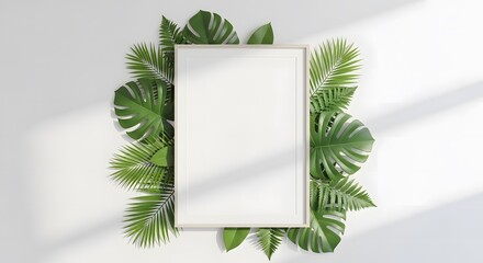 mockup of a vertical poster frame placed on a white wall, surrounded by fresh green tropical leaves 