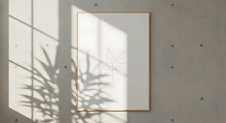 poster mockup on a textured wall with botanical leaf shadows cast across it