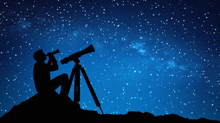 A stargazer on a remote mountaintop, using a telescope to discover new constellations, with the vast night sky and distant stars spread out before them
