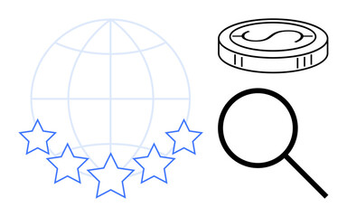 Globe with stars representing quality or excellence, coin suggesting currency or value, and magnifying glass for analysis. Ideal for finance, global business, quality assurance, inspection, ratings