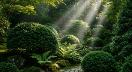 wide shot of a peaceful green garden with dense shrubs and sunlight beams