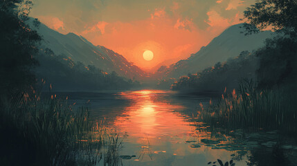 A sunrise over a tranquil lake, with the reflection of the rising sun shimmering on the water’s surface, surrounded by mountains and trees as the day begins