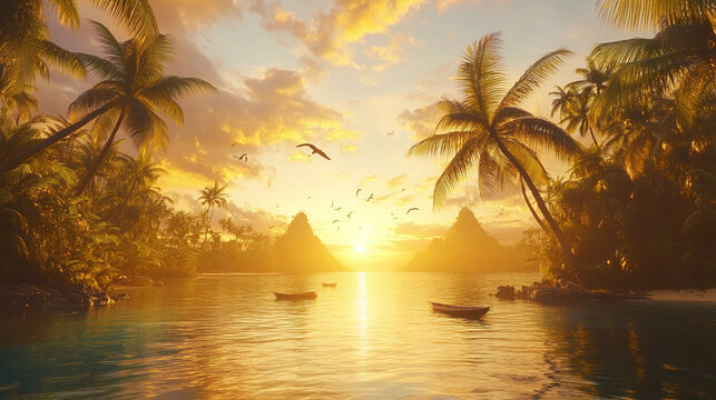 A sunrise over a tropical island, with the golden light reflecting off the crystal-clear waters, palm trees swaying in the breeze, and birds flying across the vibrant sky