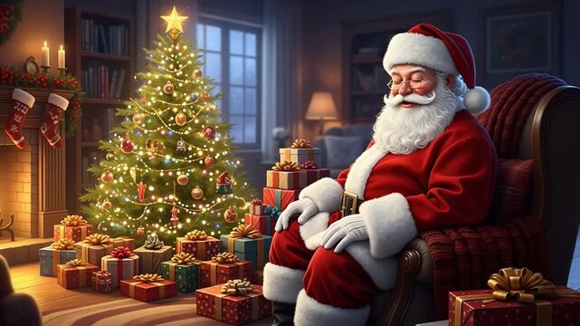 Jolly Santa Claus sitting by a festive Christmas tree surrounded by presents in cozy home.