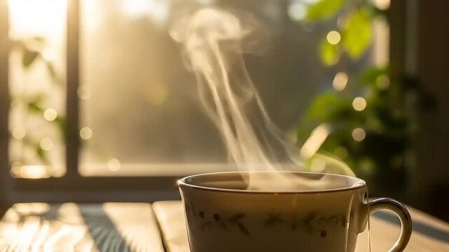 Steaming Cup of Coffee by the Window at Sunrise.