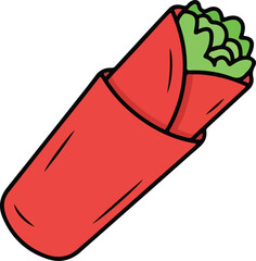 Cartoon Illustration of a Shawarma, Burrito, or Kebab Wrap with Green Filling, a stylized fast food item for menus and icons.