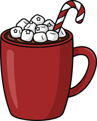Cozy Christmas Hot Chocolate with Marshmallows and Candy Cane, a Sweet Holiday Winter Drink in a Red Mug