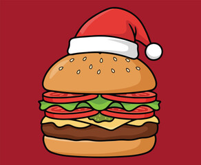 Festive Christmas Burger with Santa Hat Illustration, Holiday Cheeseburger Cartoon Vector