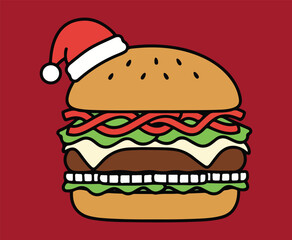 Festive Christmas Burger Cartoon Illustration with Santa Hat - A Holiday Fast Food Treat