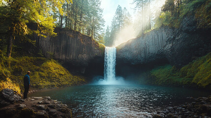 A traveler discovering a hidden, magical waterfall deep in a forest, sunlight filtering through the trees and creating a rainbow as water cascades down into a serene pool